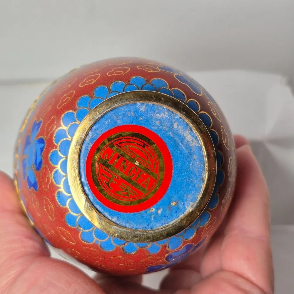 Vintage Chinese Jingfa Cloisonné Bud Vase Blue Aqua Rust Green Deep Cut 5.5